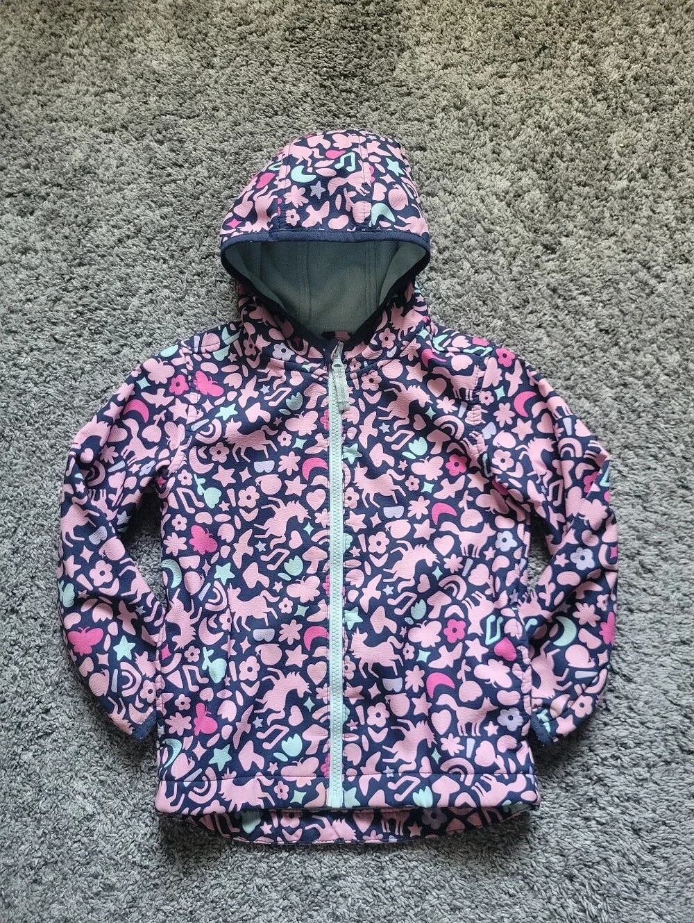 Girls' Pink & Navy Unicorn Patterned Hooded Jacket Size 5T Zipper Closure Fleece